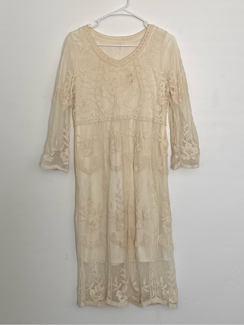 orange creek Cream Lace Boho Midi Dress - Long Sleeve